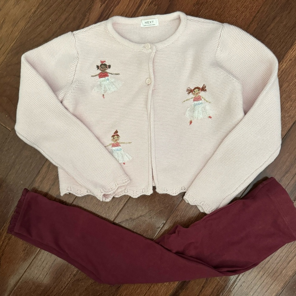 Next Kids Pink Cardigan and Berry colored Leggings Set